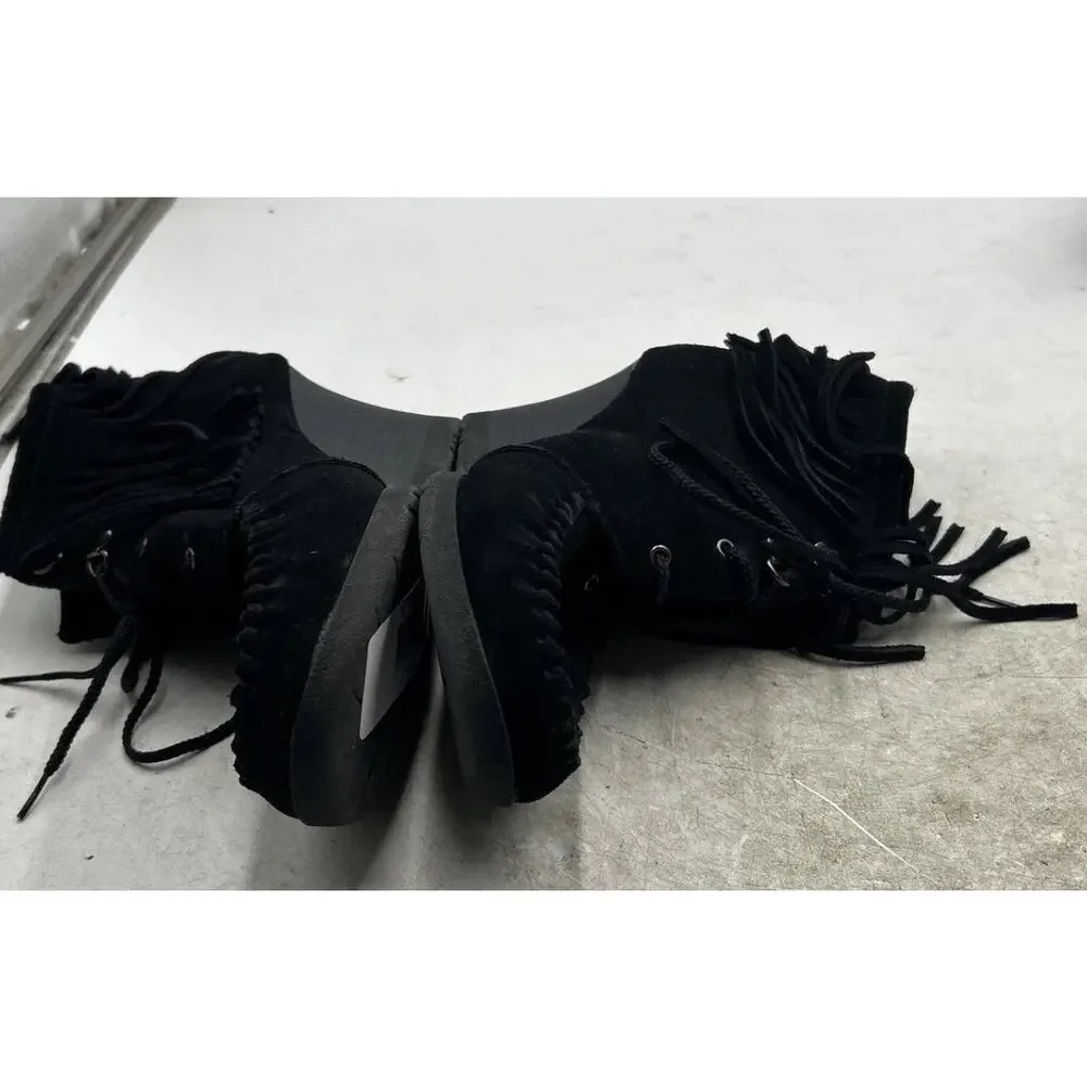 MINNETONKA Womens Black Suede Fringe WEDGE Booties Size 8.5 LACE Up